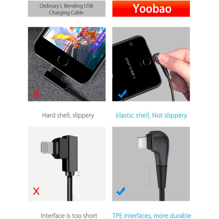 Кабель YOOBAO YB-425 Dual Elbow Design Usb-A to Lightning Cable 1.2м Black (YB-425LIGHTNING-BLACK)