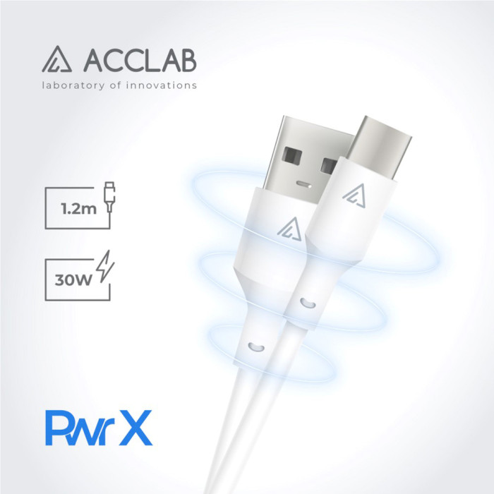 Кабель ACCLAB USB 2.0 AM to Type-C PwrX 30W 1.2м White (1283126559532)