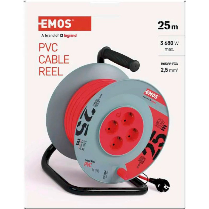 Подовжувач на котушці EMOS P09225M Red, 4 розетки, 25м