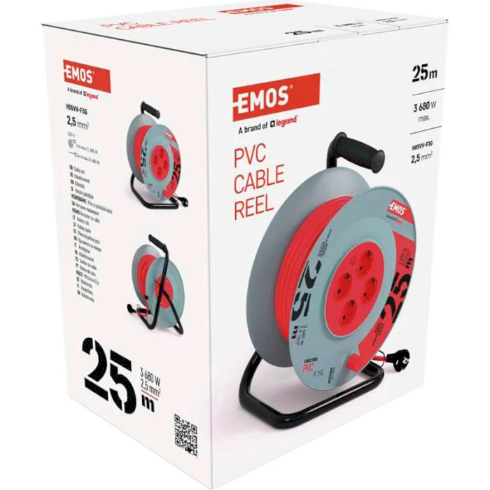 Подовжувач на котушці EMOS P09225M Red, 4 розетки, 25м