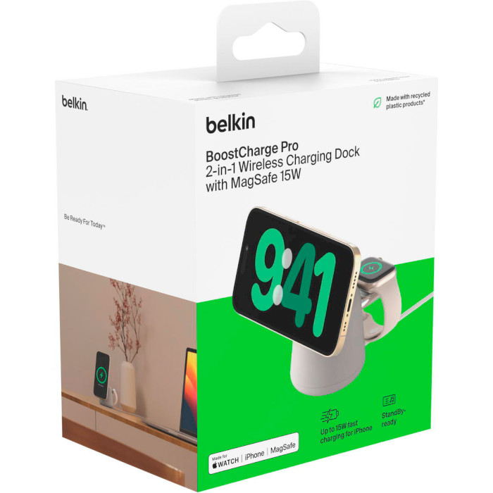 Бездротовий зарядний пристрій BELKIN Boost Up Charge Pro 2-in-1 Wireless Charger Dock with MagSafe 15W Sand Mass (WIZ020VFH37)