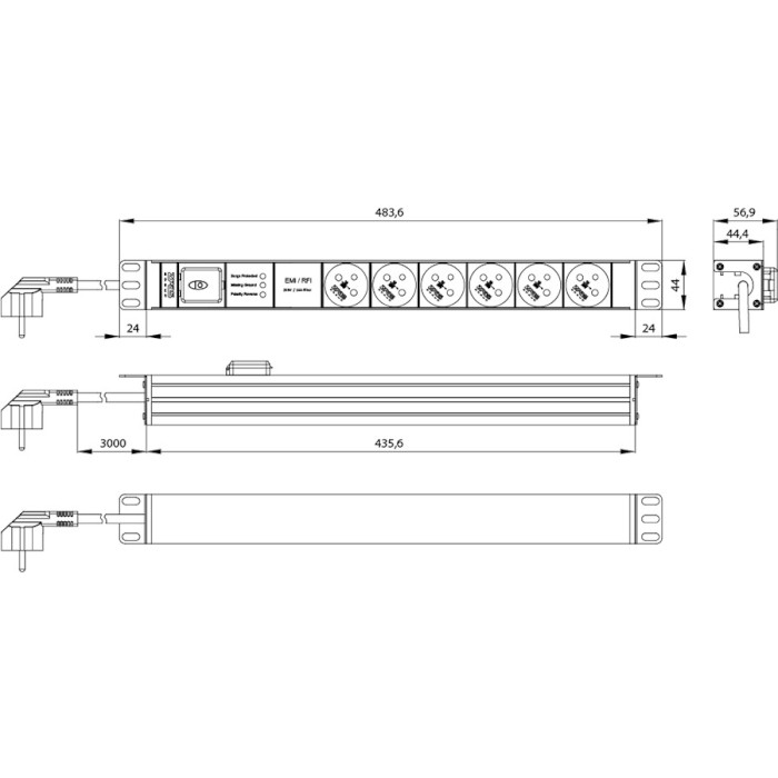 Блок розеток ZPAS 19", 1U, 9xSchuko, 16А, без выключателя, 3м (W-LZI30-09-SU-000)