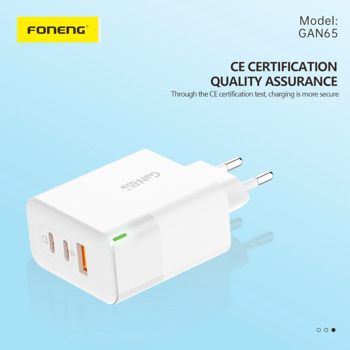 Зарядний пристрій FONENG GAN65 1xUSB-A, 2xUSB-C High Power Charger White w/Type-C to Type-C cable