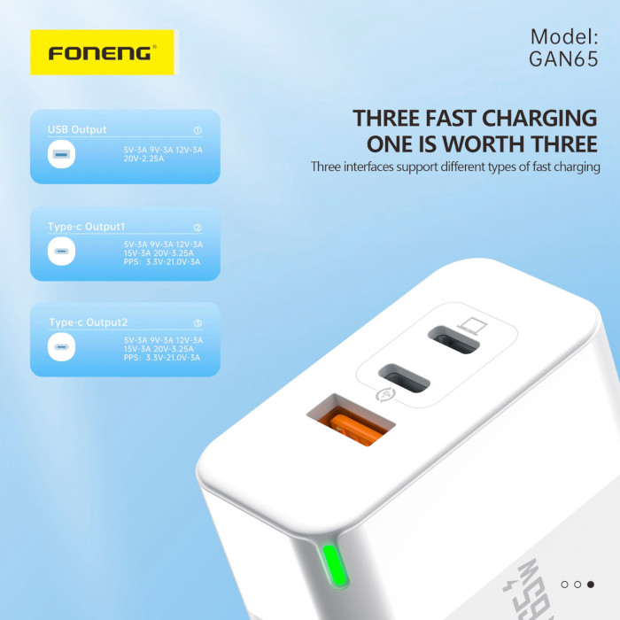 Зарядний пристрій FONENG GAN65 1xUSB-A, 2xUSB-C High Power Charger White w/Type-C to Type-C cable