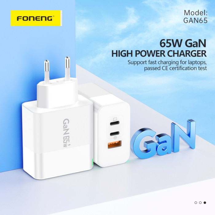 Зарядний пристрій FONENG GAN65 1xUSB-A, 2xUSB-C High Power Charger White w/Type-C to Type-C cable