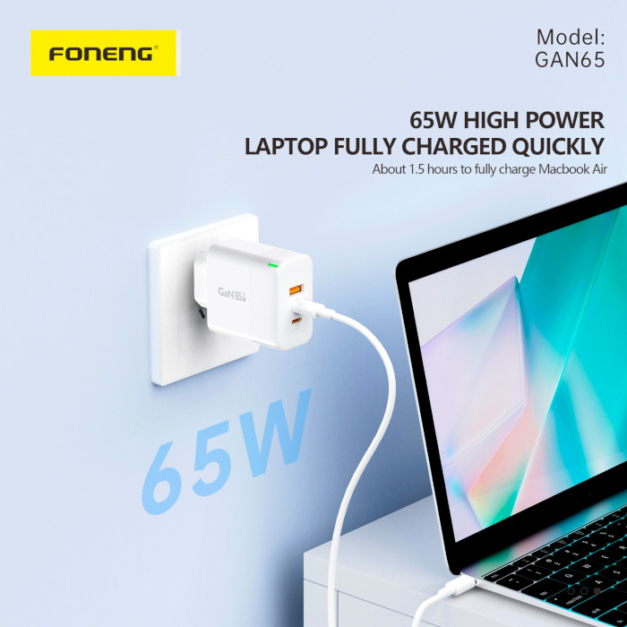 Зарядное устройство FONENG GAN65 1xUSB-A, 2xUSB-C High Power Charger White w/Type-C to Type-C cable