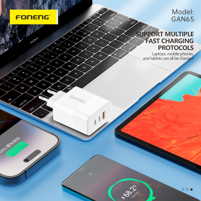 Зарядний пристрій FONENG GAN65 1xUSB-A, 2xUSB-C High Power Charger White w/Type-C to Type-C cable