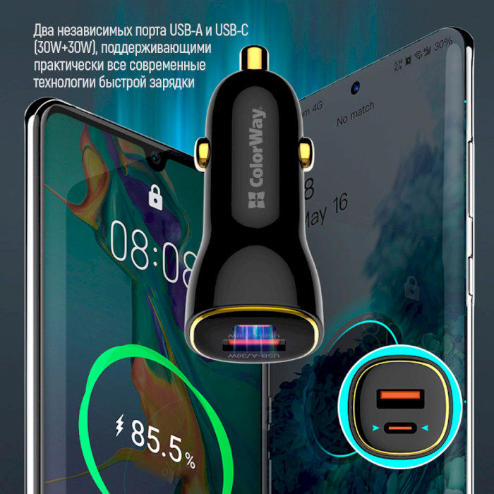 Автомобільний зарядний пристрій COLORWAY Power Delivery 1xUSB-C, 1xUSB-A, PPS, 60W Black (CW-CHA046PD-BK)