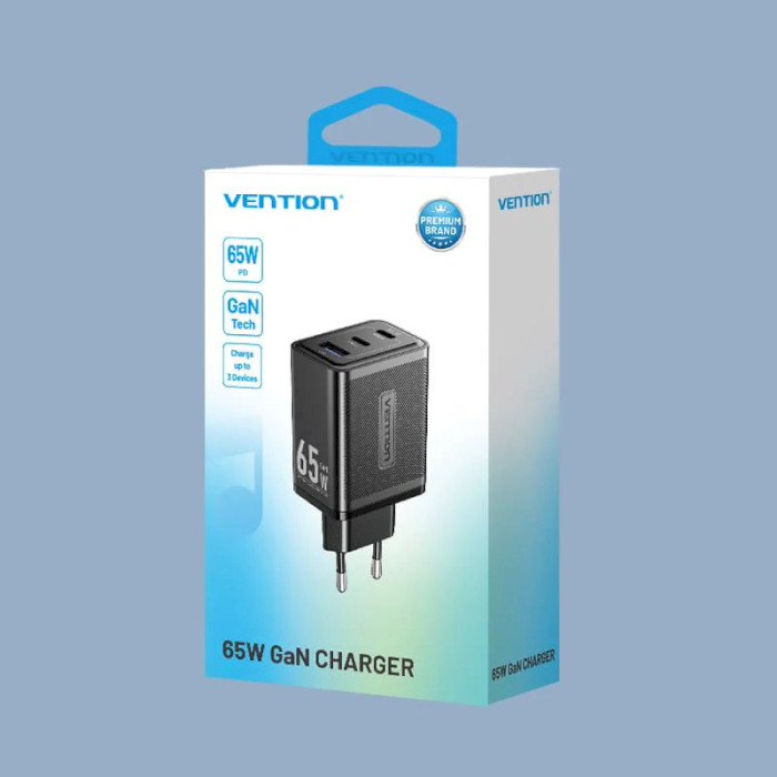 Зарядное устройство VENTION GaN III 1xUSB-A, 2xUSB-C, QC3.0, PD65W Wall Charger Black (FERB0-EU)