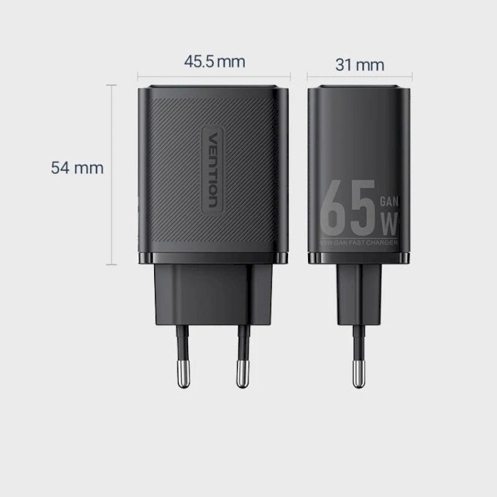 Зарядное устройство VENTION GaN III 1xUSB-A, 2xUSB-C, QC3.0, PD65W Wall Charger Black (FERB0-EU)