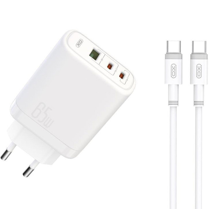 Зарядний пристрій XO CE04 2xUSB-C, 1xUSB-A, PD2.0, QC3.0 White w/Type-C to Type-C cable (XO-CE04-WH-TC)