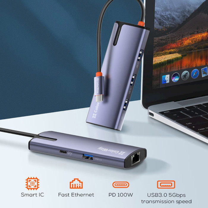 Мережевий адаптер з USB-хабом COLORWAY 6-in-1 USB-C to 3xUSB3.0, 1xUSB2.0, PD100W, LAN (CW-HUB03)