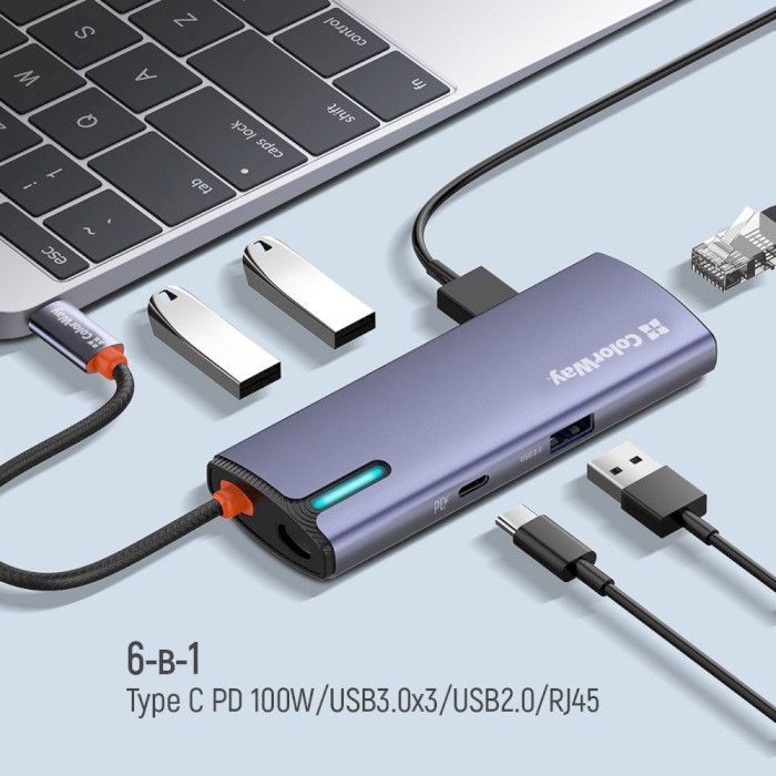 Сетевой адаптер с USB-хабом COLORWAY 6-in-1 USB-C to 3xUSB3.0, 1xUSB2.0, PD100W, LAN (CW-HUB03)