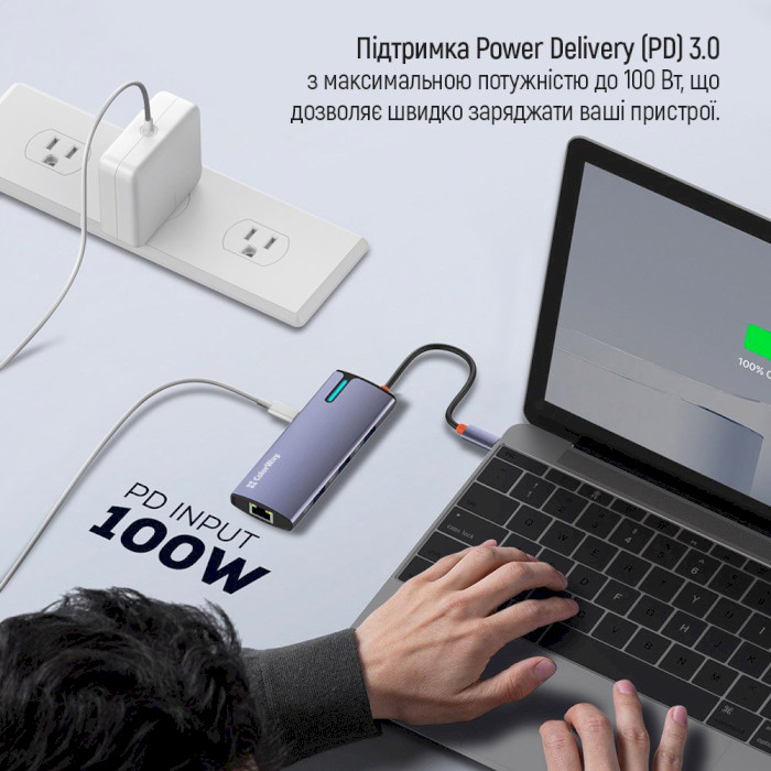 Мережевий адаптер з USB-хабом COLORWAY 6-in-1 USB-C to 3xUSB3.0, 1xUSB2.0, PD100W, LAN (CW-HUB03)