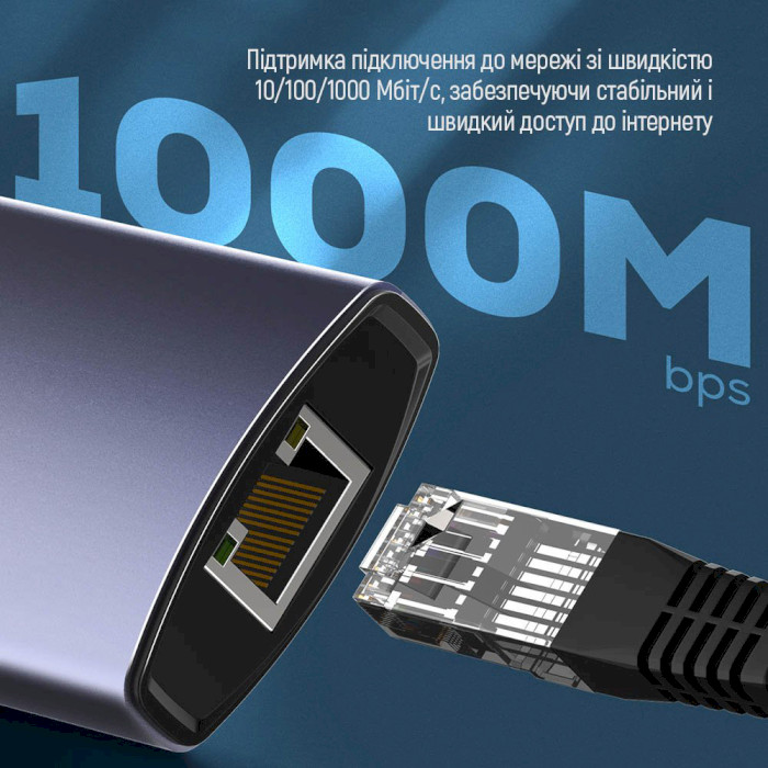 Сетевой адаптер с USB-хабом COLORWAY 6-in-1 USB-C to 3xUSB3.0, 1xUSB2.0, PD100W, LAN (CW-HUB03)