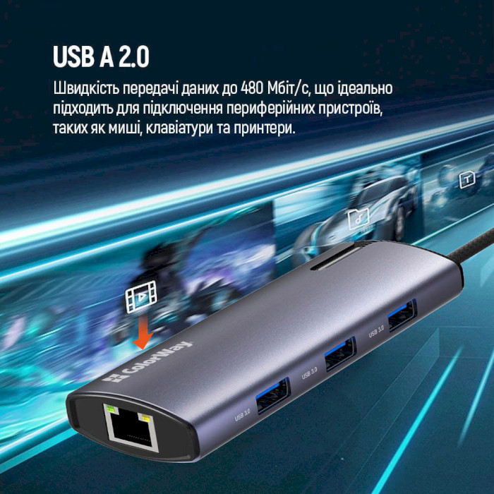 Мережевий адаптер з USB-хабом COLORWAY 6-in-1 USB-C to 3xUSB3.0, 1xUSB2.0, PD100W, LAN (CW-HUB03)