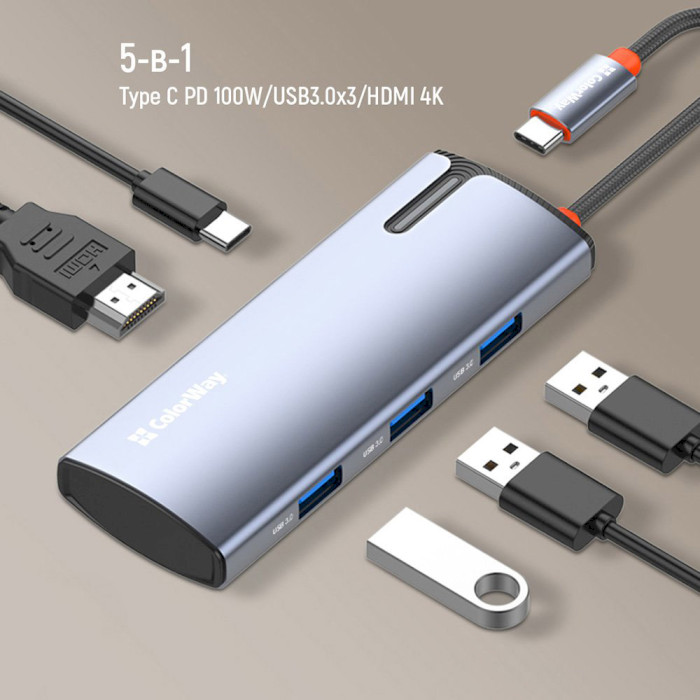 Сетевой адаптер с USB-хабом COLORWAY 5-in-1 USB-C to 1xHDMI, 3xUSB3.0, PD100W (CW-HUB01)