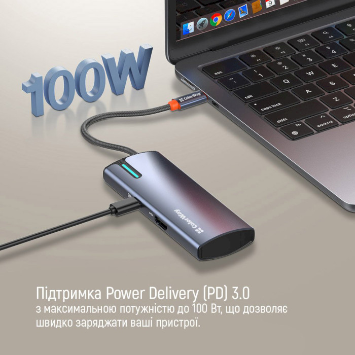 Сетевой адаптер с USB-хабом COLORWAY 5-in-1 USB-C to 1xHDMI, 3xUSB3.0, PD100W (CW-HUB01)