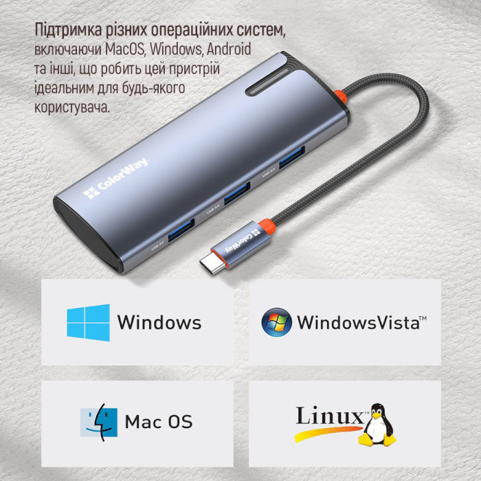 Мережевий адаптер з USB-хабом COLORWAY 5-in-1 USB-C to 1xHDMI, 3xUSB3.0, PD100W (CW-HUB01)