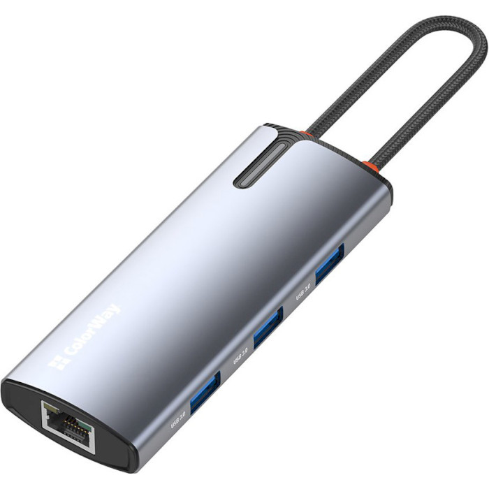 Сетевой адаптер с USB-хабом COLORWAY 6-in-1 USB-C to 1xHDMI, 3xUSB3.0, PD100W, LAN (CW-HUB02)