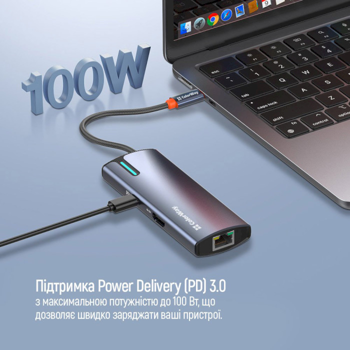 Сетевой адаптер с USB-хабом COLORWAY 6-in-1 USB-C to 1xHDMI, 3xUSB3.0, PD100W, LAN (CW-HUB02)