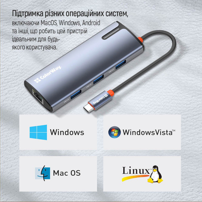 Сетевой адаптер с USB-хабом COLORWAY 6-in-1 USB-C to 1xHDMI, 3xUSB3.0, PD100W, LAN (CW-HUB02)