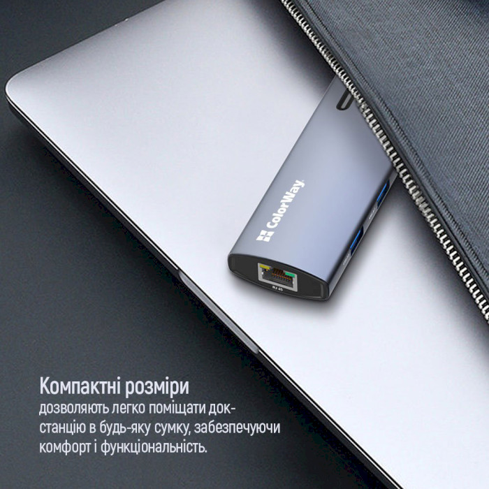 Сетевой адаптер с USB-хабом COLORWAY 6-in-1 USB-C to 1xHDMI, 3xUSB3.0, PD100W, LAN (CW-HUB02)