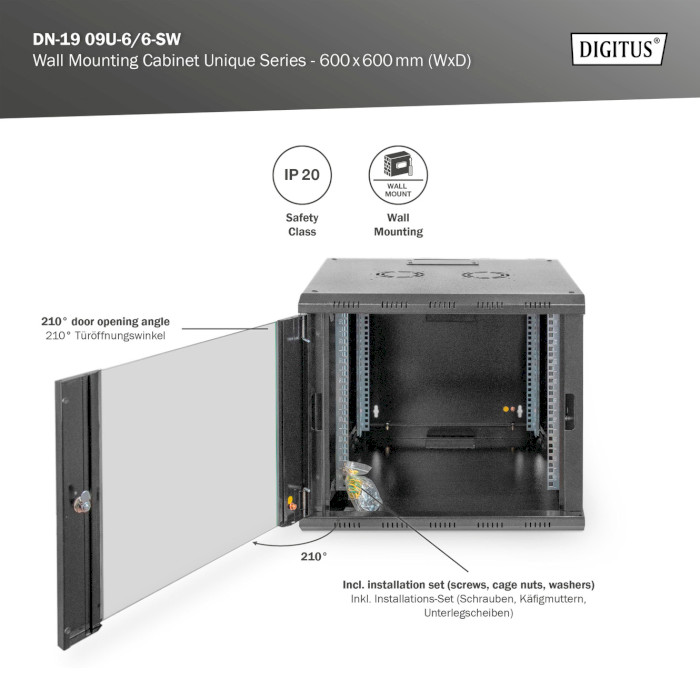 Настенный шкаф 19" DIGITUS DN-1909U-6/6-SW (9U, 600x600мм, RAL9005)