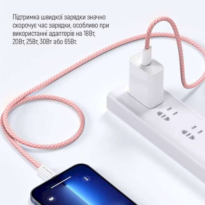 Кабель COLORWAY PD Fast Charging Type-C to Type-C 60W 3A 1м Pink (CW-CBPDCC061-P)