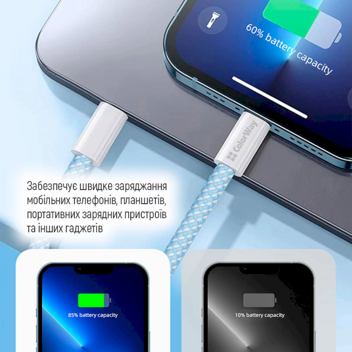 Кабель COLORWAY USB-C to Lightning 3A 1м Blue (CW-CBPDCL061-BL)