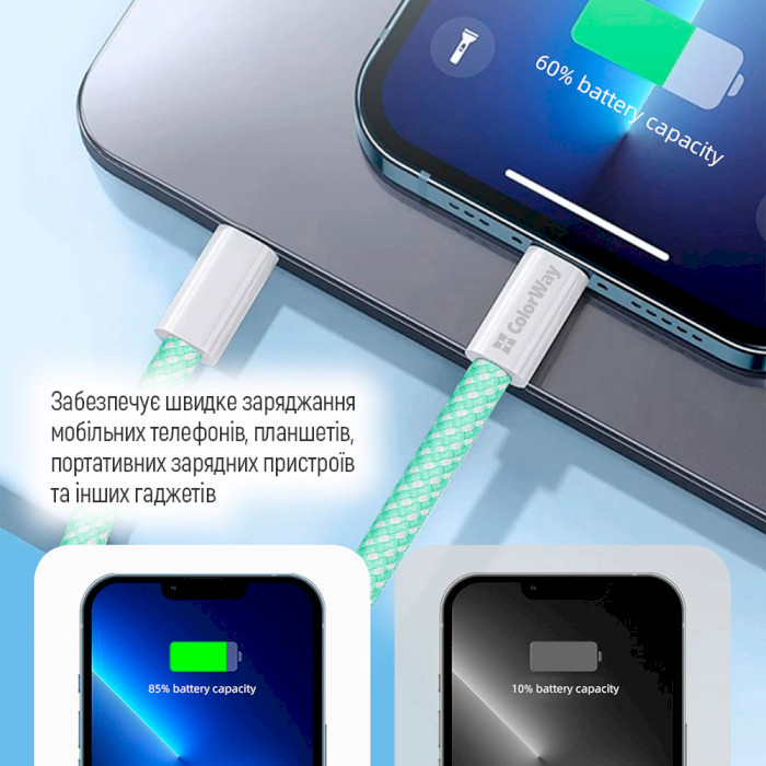 Кабель COLORWAY USB-C to Lightning 3A 1м Green (CW-CBPDCL061-G)