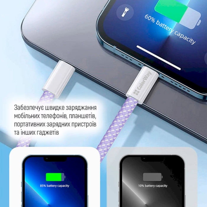 Кабель COLORWAY USB-C to Lightning 3A 1м Purple (CW-CBPDCL061-PU)