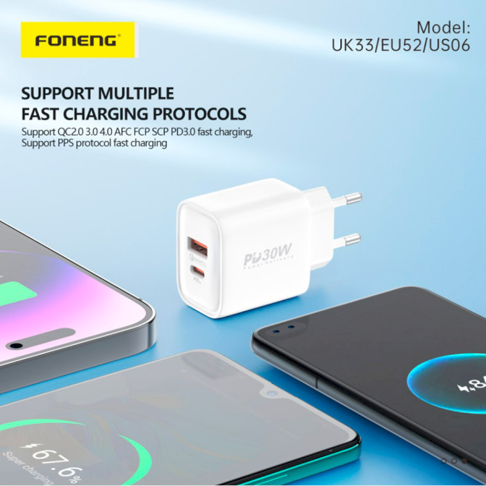 Зарядное устройство FONENG PD30W 1xUSB-A, 1xUSB-C White