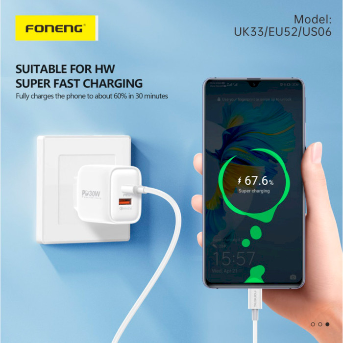 Зарядний пристрій FONENG PD30W 1xUSB-A, 1xUSB-C White