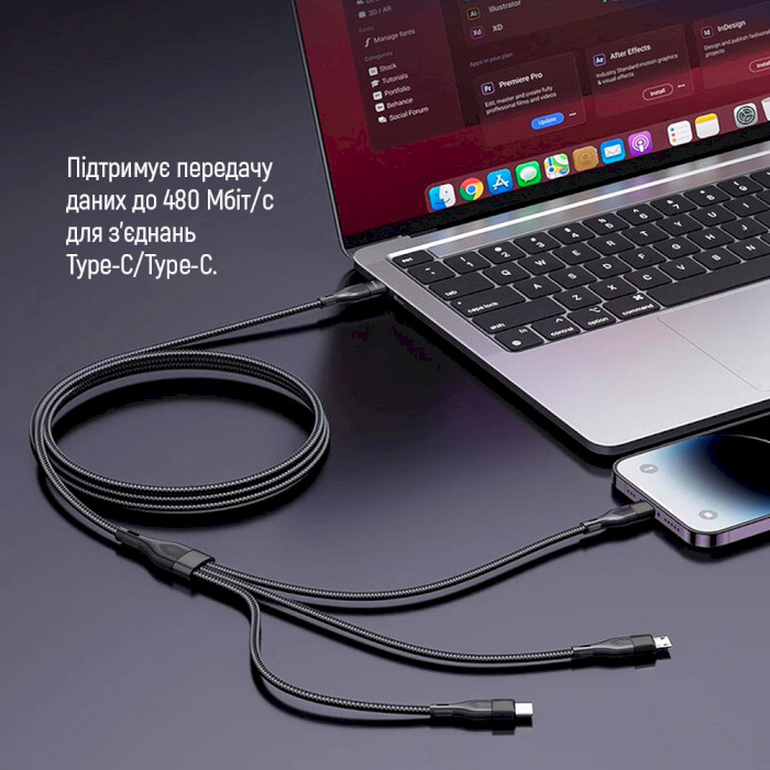 Кабель COLORWAY 3-in-1 Type-C to Apple Lightning/Micro-USB/Type-C 3A 1.2м Black (CW-CBPDU3060-BK)