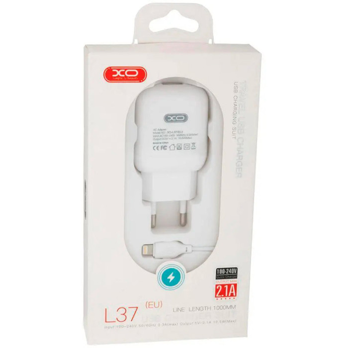 Зарядний пристрій XO L37 1xUSB-A, 2.1A White w/Lightning cable (L37I-WH)