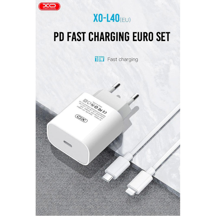 Зарядное устройство XO L40 1xUSB-C, PD3.0, 18W White w/Type-C to Lightning cable (L40I-WH)