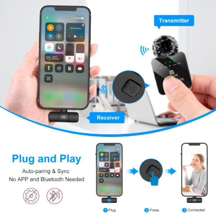 Мікрофон-петличка бездротовий PULUZ Wireless Lavalier Microphone for iPhone/iPad