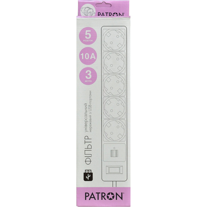 Сетевой фильтр PATRON SP-53 Black, 5 розеток, 2xUSB, 3м