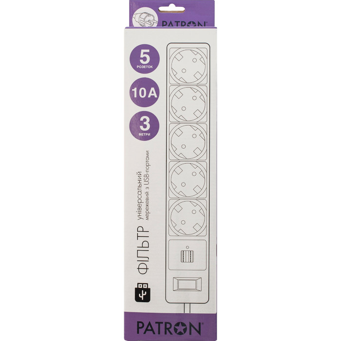 Мережевий фільтр PATRON SP-53 White, 5 розеток, 2xUSB, 3м