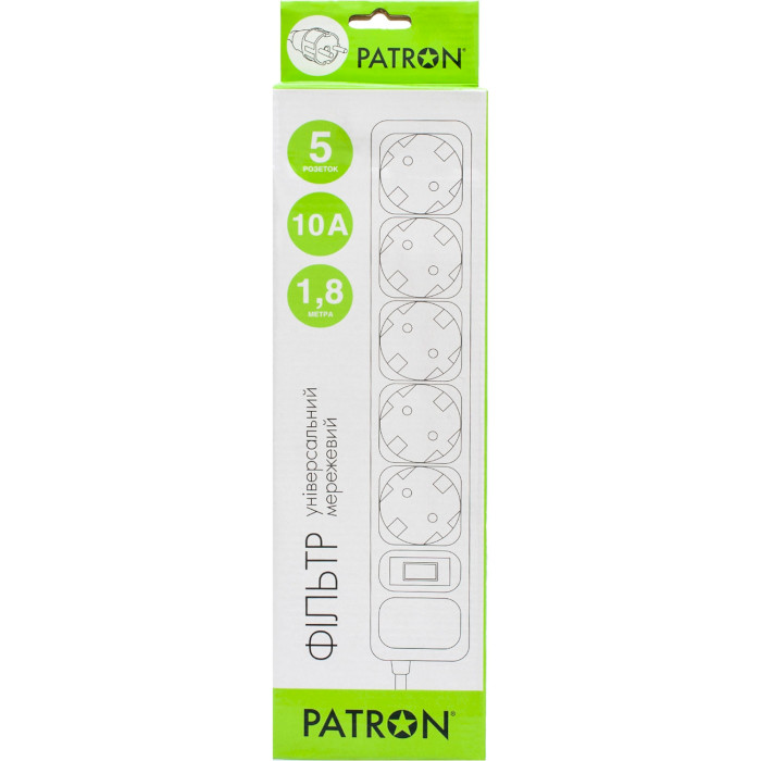 Мережевий фільтр PATRON SP-1052W White, 5 розеток, 1.8м