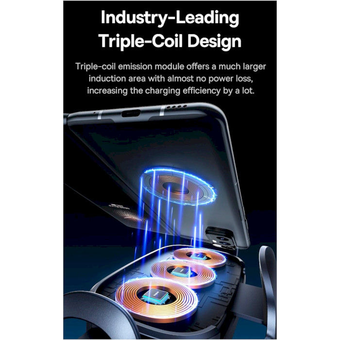 Автодержатель с беспроводной зарядкой BASEUS LightChaser Series Triple-Coil Wireless Charging Electric Car Mount Black (C40355901111-00)