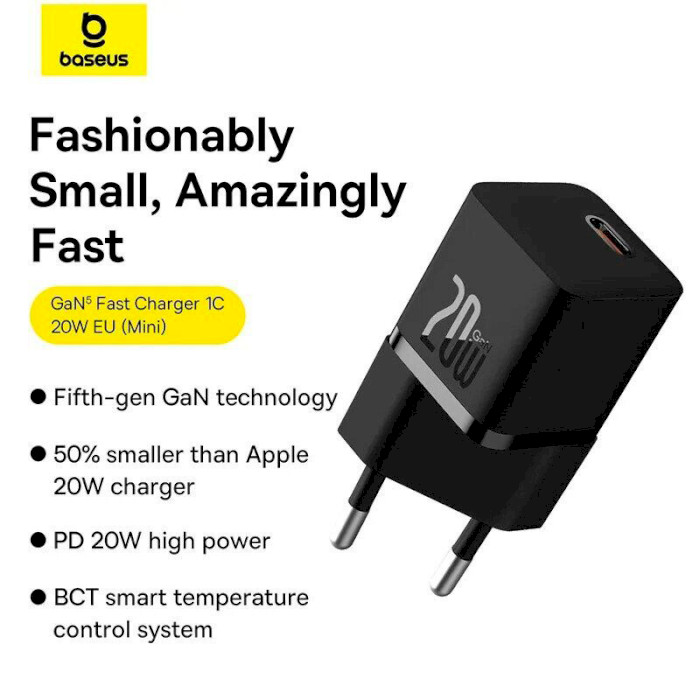 Зарядное устройство BASEUS GaN5 Fast Charger Mini 1C 20W Black w/Type-C to Type-C cable (P10110900113-00)