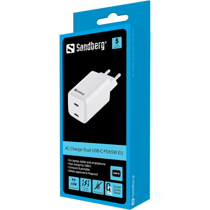 Зарядное устройство SANDBERG Dual USB-C PD65W White (441-56)