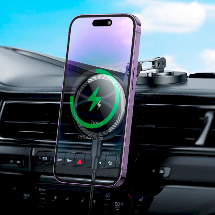 Автодержатель с беспроводной зарядкой HOCO HW26 Jacques Metal Magnetic Wireless Fast Charging Car Holder Black Metal Gray