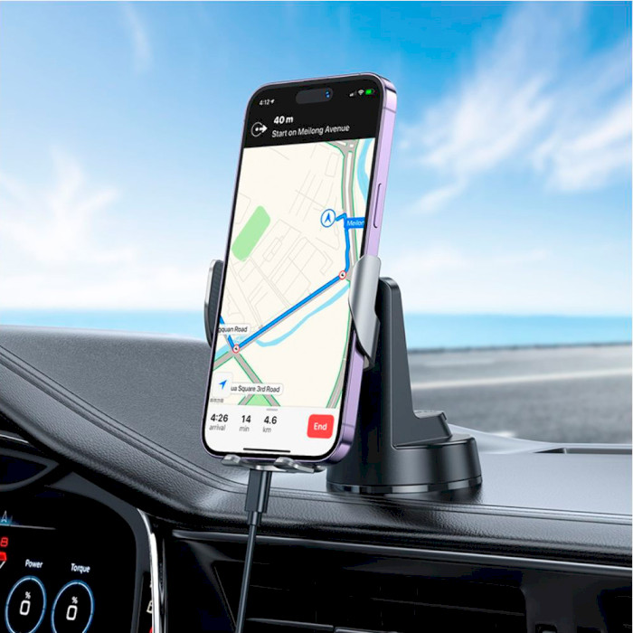 Автотримач з бездротовою зарядкою HOCO HW27 Traveler Infrared RGB Wireless Fast Charging Car Holder Center Console Black Metal Gray