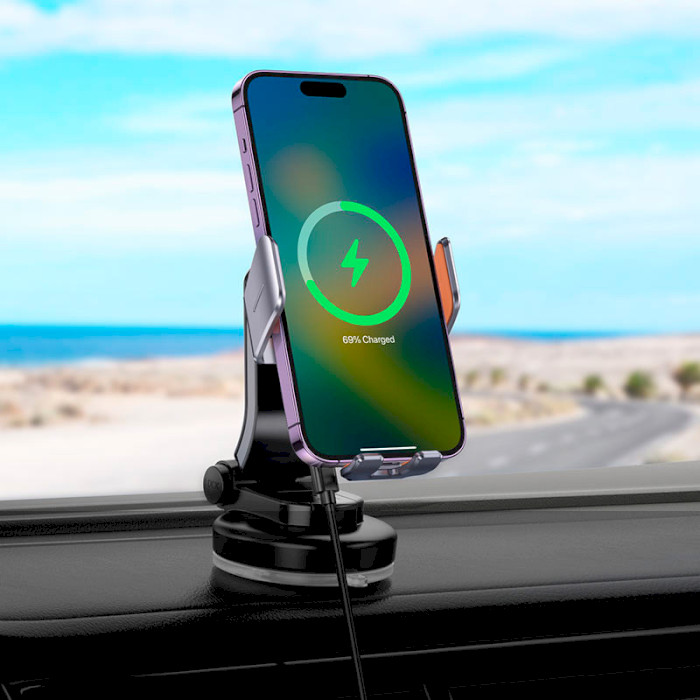 Автотримач з бездротовою зарядкою HOCO HW8 Transparent Discovery Edition Wireless Fast Charging Car Holder Metal Gray