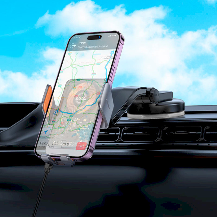 Автотримач з бездротовою зарядкою HOCO HW8 Transparent Discovery Edition Wireless Fast Charging Car Holder Metal Gray