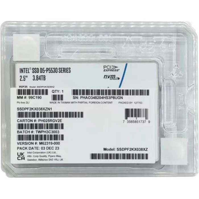 SSD диск INTEL D5-P5530 3.84TB 2.5" U.2 15mm NVMe Bulk (SSDPF2KX038XZN1)