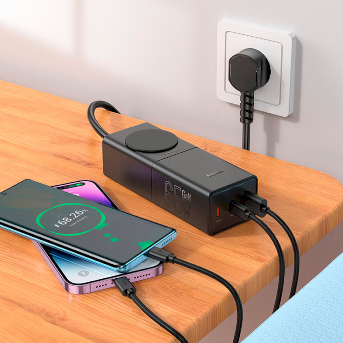 Зарядний пристрій HOCO NS4 Sharp 1xUSB-A, 2xUSB-C, PD65W, QC3.0 Black (6942007617352)